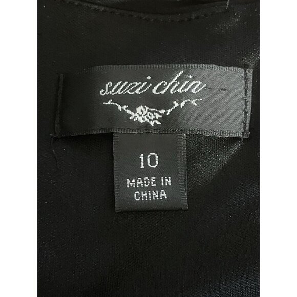 Suzi Chin 10 Black Ruched Satin Waist V-Neck Bubble Hem Sleeveless Party Dress - Picture 6 of 6